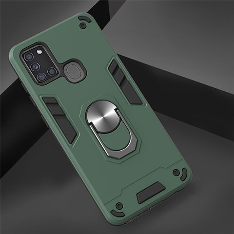 Custodia Silicone e Plastica Opaca Cover con Magnetico Anello Supporto S02 per Samsung Galaxy A21s Verde