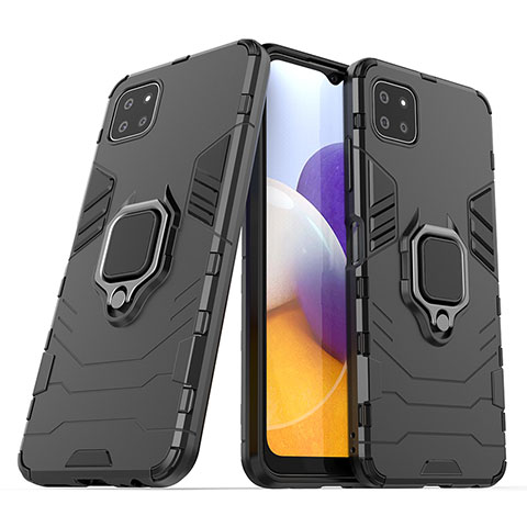 Custodia Silicone e Plastica Opaca Cover con Magnetico Anello Supporto S02 per Samsung Galaxy A22s 5G Nero