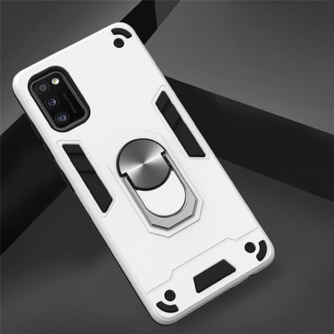 Custodia Silicone e Plastica Opaca Cover con Magnetico Anello Supporto S02 per Samsung Galaxy A41 Bianco