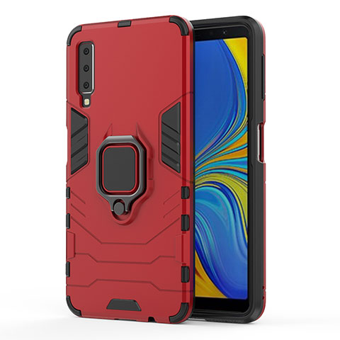 Custodia Silicone e Plastica Opaca Cover con Magnetico Anello Supporto S02 per Samsung Galaxy A7 (2018) A750 Rosso