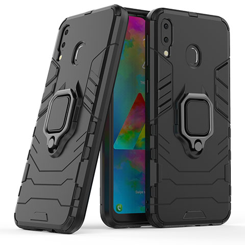 Custodia Silicone e Plastica Opaca Cover con Magnetico Anello Supporto S02 per Samsung Galaxy M20 Nero