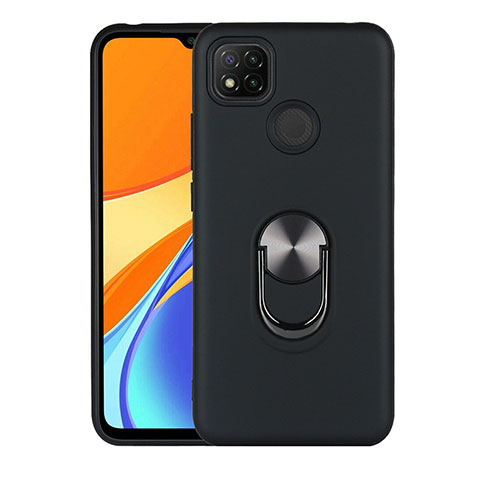 Custodia Silicone e Plastica Opaca Cover con Magnetico Anello Supporto S02 per Xiaomi Redmi 9C Nero