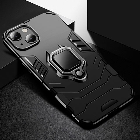 Custodia Silicone e Plastica Opaca Cover con Magnetico Anello Supporto S03 per Apple iPhone 15 Nero