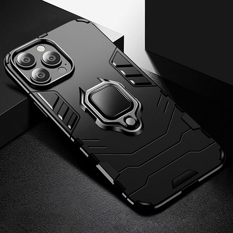 Custodia Silicone e Plastica Opaca Cover con Magnetico Anello Supporto S03 per Apple iPhone 15 Pro Nero