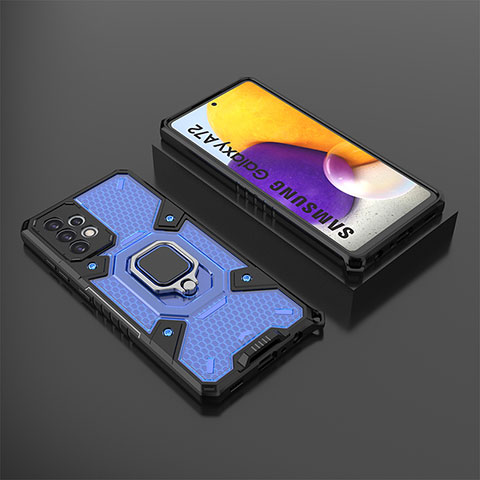 Custodia Silicone e Plastica Opaca Cover con Magnetico Anello Supporto S03 per Samsung Galaxy A72 4G Blu