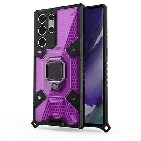 Custodia Silicone e Plastica Opaca Cover con Magnetico Anello Supporto S03 per Samsung Galaxy S21 Ultra 5G Viola