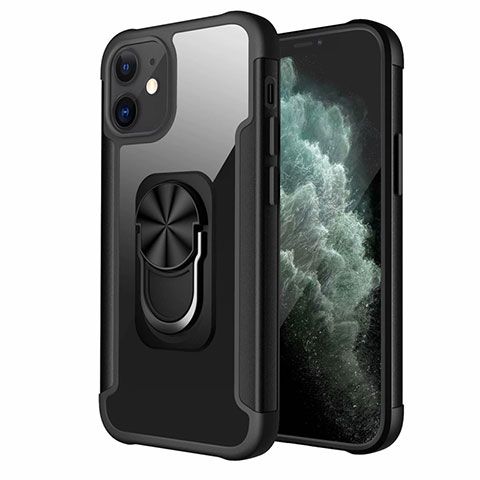 Custodia Silicone e Plastica Opaca Cover con Magnetico Anello Supporto S04 per Apple iPhone 12 Mini Nero