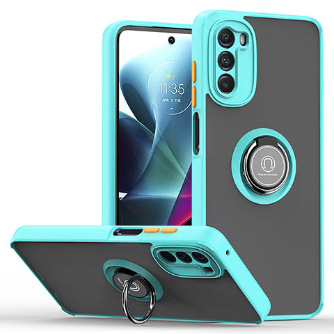 Custodia Silicone e Plastica Opaca Cover con Magnetico Anello Supporto S04 per Motorola Moto G 5G (2022) Ciano