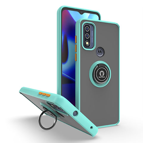 Custodia Silicone e Plastica Opaca Cover con Magnetico Anello Supporto S04 per Motorola Moto G Pure Ciano