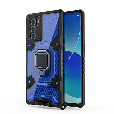 Custodia Silicone e Plastica Opaca Cover con Magnetico Anello Supporto S04 per Oppo Reno6 Pro 5G India Blu