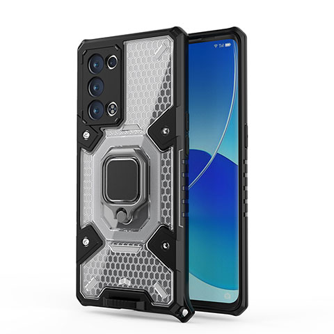 Custodia Silicone e Plastica Opaca Cover con Magnetico Anello Supporto S04 per Oppo Reno6 Pro+ Plus 5G Nero