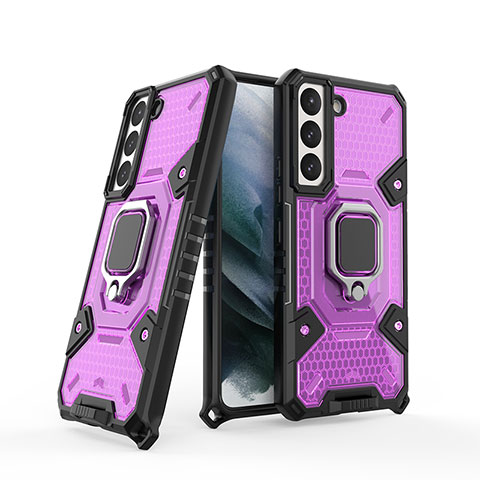 Custodia Silicone e Plastica Opaca Cover con Magnetico Anello Supporto S04 per Samsung Galaxy S21 FE 5G Viola