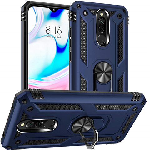 Custodia Silicone e Plastica Opaca Cover con Magnetico Anello Supporto S04 per Xiaomi Redmi 8 Blu