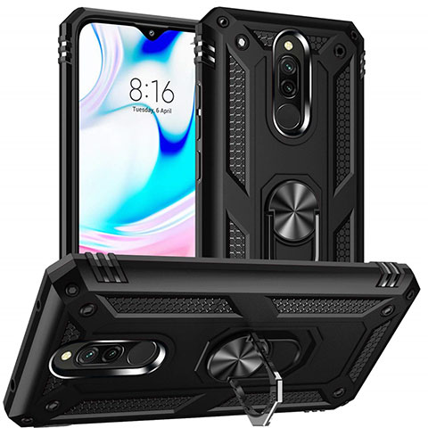 Custodia Silicone e Plastica Opaca Cover con Magnetico Anello Supporto S04 per Xiaomi Redmi 8 Nero