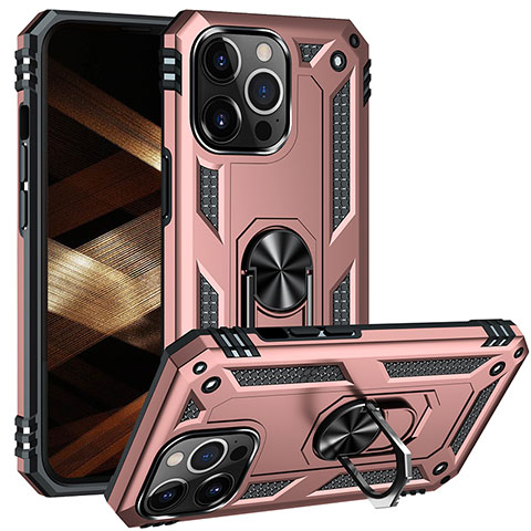 Custodia Silicone e Plastica Opaca Cover con Magnetico Anello Supporto S05 per Apple iPhone 15 Pro Oro Rosa