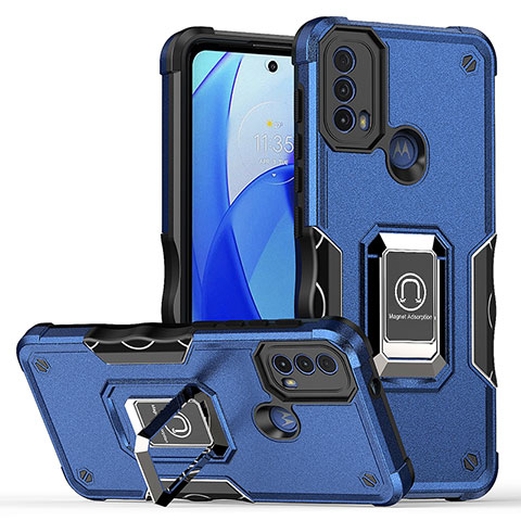 Custodia Silicone e Plastica Opaca Cover con Magnetico Anello Supporto S05 per Motorola Moto E30 Blu