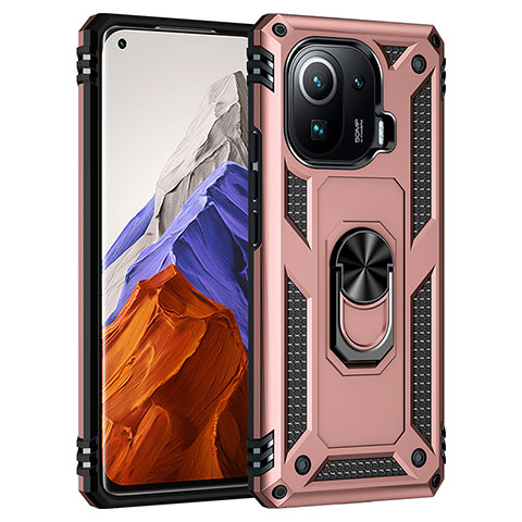 Custodia Silicone e Plastica Opaca Cover con Magnetico Anello Supporto S05 per Xiaomi Mi 11 Pro 5G Oro Rosa