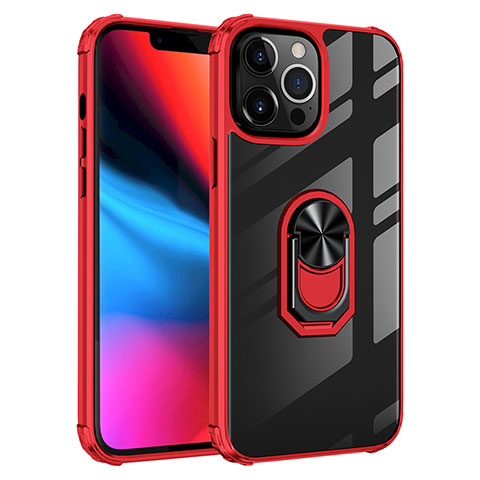 Custodia Silicone e Plastica Opaca Cover con Magnetico Anello Supporto S06 per Apple iPhone 13 Pro Max Rosso