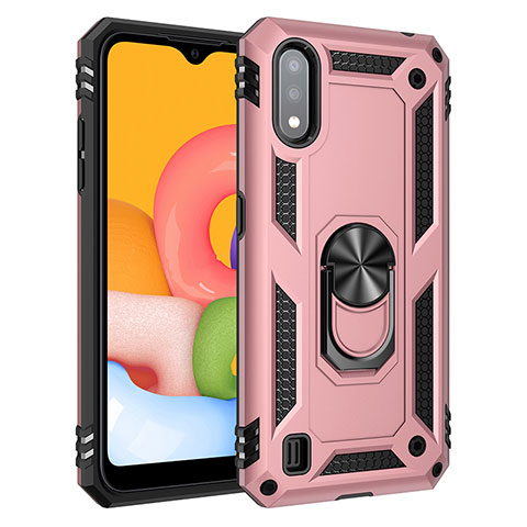 Custodia Silicone e Plastica Opaca Cover con Magnetico Anello Supporto S06 per Samsung Galaxy A01 SM-A015 Oro Rosa