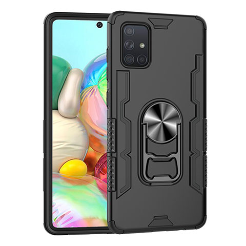 Custodia Silicone e Plastica Opaca Cover con Magnetico Anello Supporto S06 per Samsung Galaxy A71 5G Nero