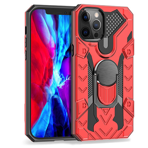 Custodia Silicone e Plastica Opaca Cover con Magnetico Anello Supporto S07 per Apple iPhone 12 Pro Max Rosso