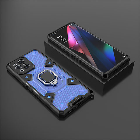 Custodia Silicone e Plastica Opaca Cover con Magnetico Anello Supporto S07 per Oppo Find X3 5G Blu