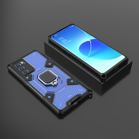 Custodia Silicone e Plastica Opaca Cover con Magnetico Anello Supporto S07 per Oppo Reno6 Pro 5G India Blu