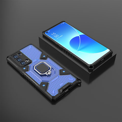 Custodia Silicone e Plastica Opaca Cover con Magnetico Anello Supporto S07 per Oppo Reno6 Pro+ Plus 5G Blu