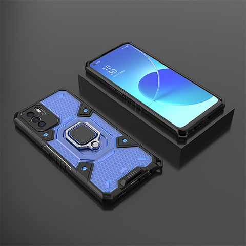 Custodia Silicone e Plastica Opaca Cover con Magnetico Anello Supporto S07 per Oppo Reno6 Z 5G Blu