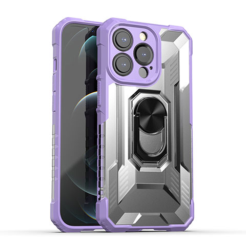 Custodia Silicone e Plastica Opaca Cover con Magnetico Anello Supporto S08 per Apple iPhone 13 Pro Viola