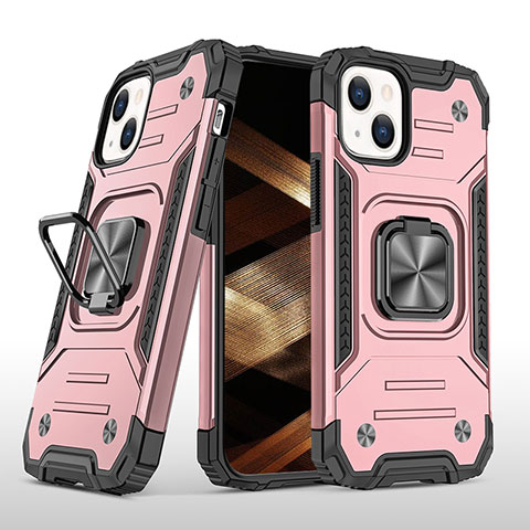 Custodia Silicone e Plastica Opaca Cover con Magnetico Anello Supporto S08 per Apple iPhone 15 Plus Oro Rosa