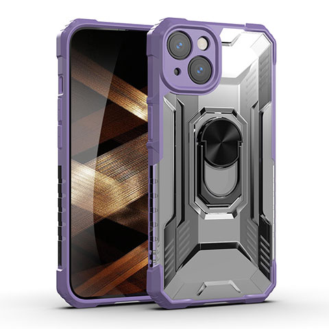 Custodia Silicone e Plastica Opaca Cover con Magnetico Anello Supporto S09 per Apple iPhone 15 Viola