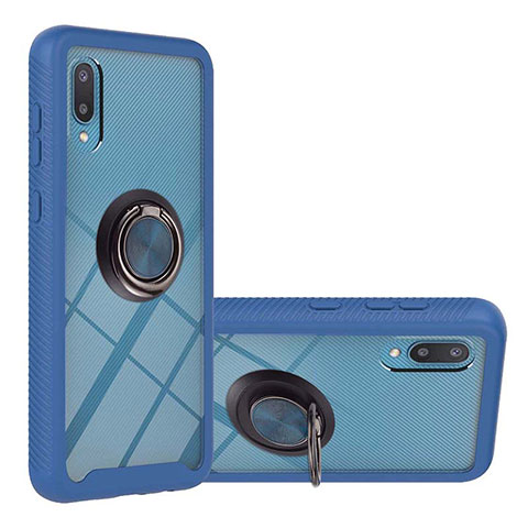 Custodia Silicone e Plastica Opaca Cover con Magnetico Anello Supporto T02 per Samsung Galaxy M02 Blu