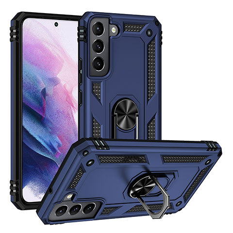 Custodia Silicone e Plastica Opaca Cover con Magnetico Anello Supporto T03 per Samsung Galaxy S21 FE 5G Blu