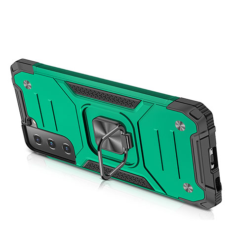 Custodia Silicone e Plastica Opaca Cover con Magnetico Anello Supporto T05 per Samsung Galaxy S21 5G Verde