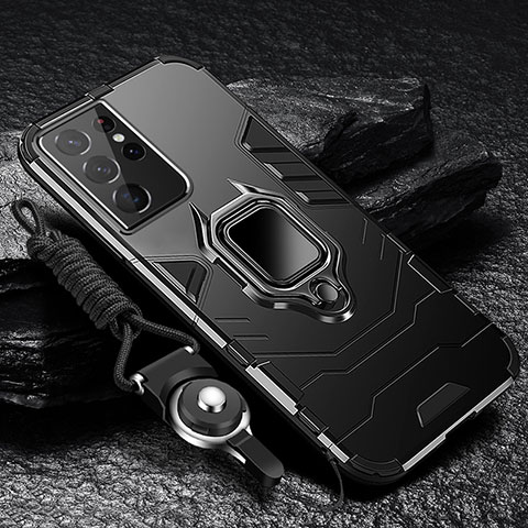 Custodia Silicone e Plastica Opaca Cover con Magnetico Anello Supporto T06 per Samsung Galaxy S23 Ultra 5G Nero