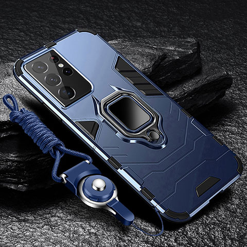 Custodia Silicone e Plastica Opaca Cover con Magnetico Anello Supporto T06 per Samsung Galaxy S25 Ultra 5G Blu