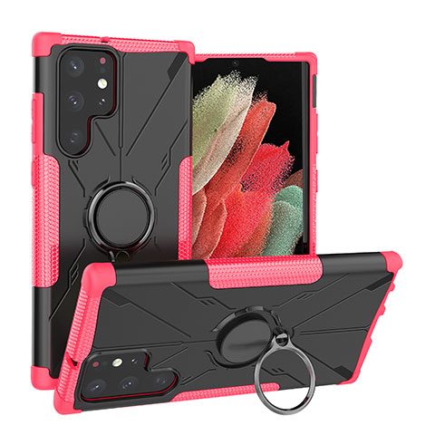 Custodia Silicone e Plastica Opaca Cover con Magnetico Anello Supporto T08 per Samsung Galaxy S23 Ultra 5G Rosa Caldo