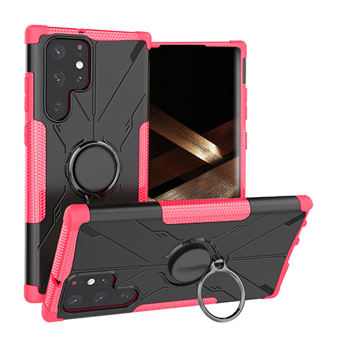 Custodia Silicone e Plastica Opaca Cover con Magnetico Anello Supporto T08 per Samsung Galaxy S24 Ultra 5G Rosa Caldo