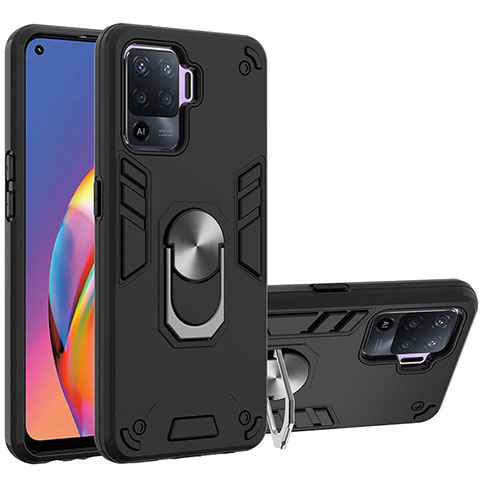 Custodia Silicone e Plastica Opaca Cover con Magnetico Anello Supporto Y01B per Oppo F19 Pro Nero