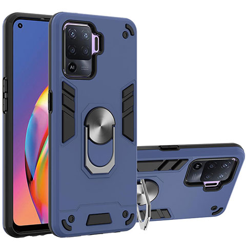 Custodia Silicone e Plastica Opaca Cover con Magnetico Anello Supporto Y01B per Oppo Reno5 F Blu