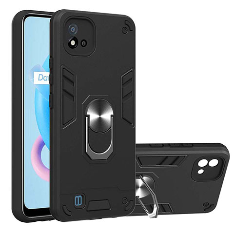 Custodia Silicone e Plastica Opaca Cover con Magnetico Anello Supporto Y01B per Realme C11 (2021) Nero