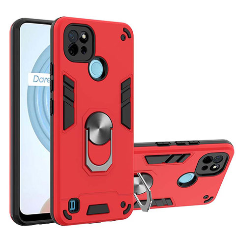 Custodia Silicone e Plastica Opaca Cover con Magnetico Anello Supporto Y01B per Realme C21 Rosso