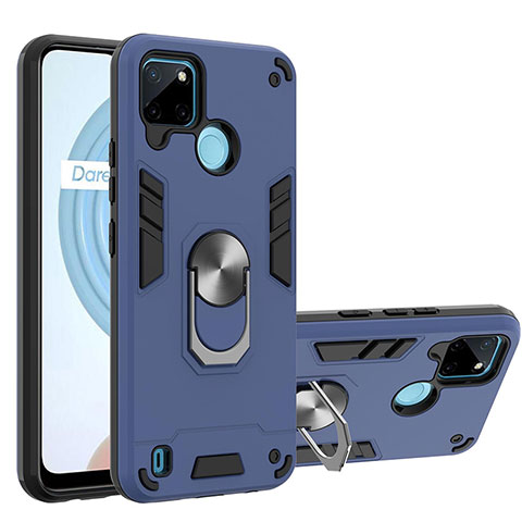 Custodia Silicone e Plastica Opaca Cover con Magnetico Anello Supporto Y01B per Realme C21Y Blu