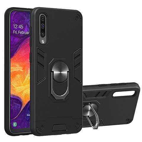 Custodia Silicone e Plastica Opaca Cover con Magnetico Anello Supporto Y01B per Samsung Galaxy A30S Nero