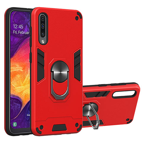 Custodia Silicone e Plastica Opaca Cover con Magnetico Anello Supporto Y01B per Samsung Galaxy A50 Rosso