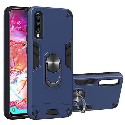 Custodia Silicone e Plastica Opaca Cover con Magnetico Anello Supporto Y01B per Samsung Galaxy A70 Blu