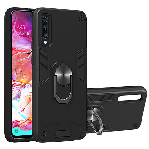 Custodia Silicone e Plastica Opaca Cover con Magnetico Anello Supporto Y01B per Samsung Galaxy A70S Nero