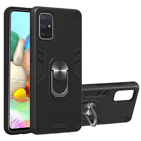 Custodia Silicone e Plastica Opaca Cover con Magnetico Anello Supporto Y01B per Samsung Galaxy A71 4G A715 Nero