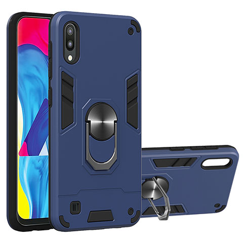 Custodia Silicone e Plastica Opaca Cover con Magnetico Anello Supporto Y01B per Samsung Galaxy M10 Blu